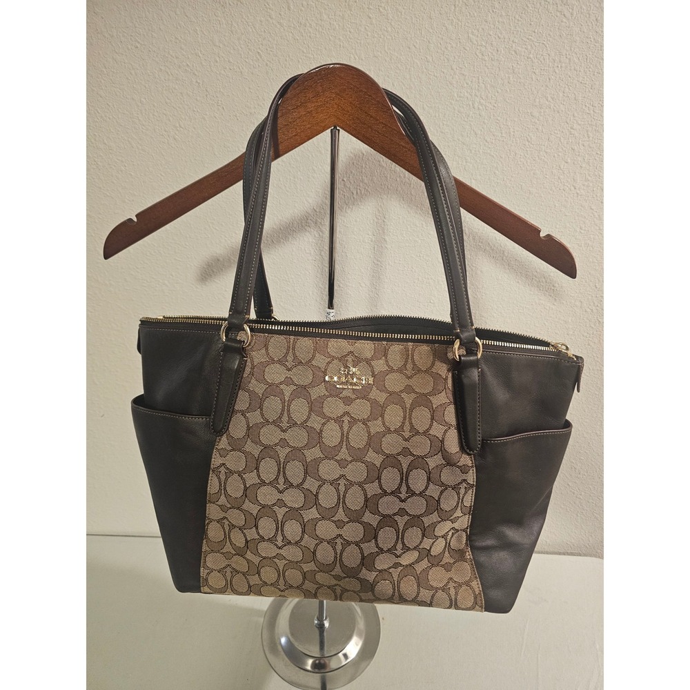 Coach Tote Bag Brown Signature Canvas Leather Trim Zip Top